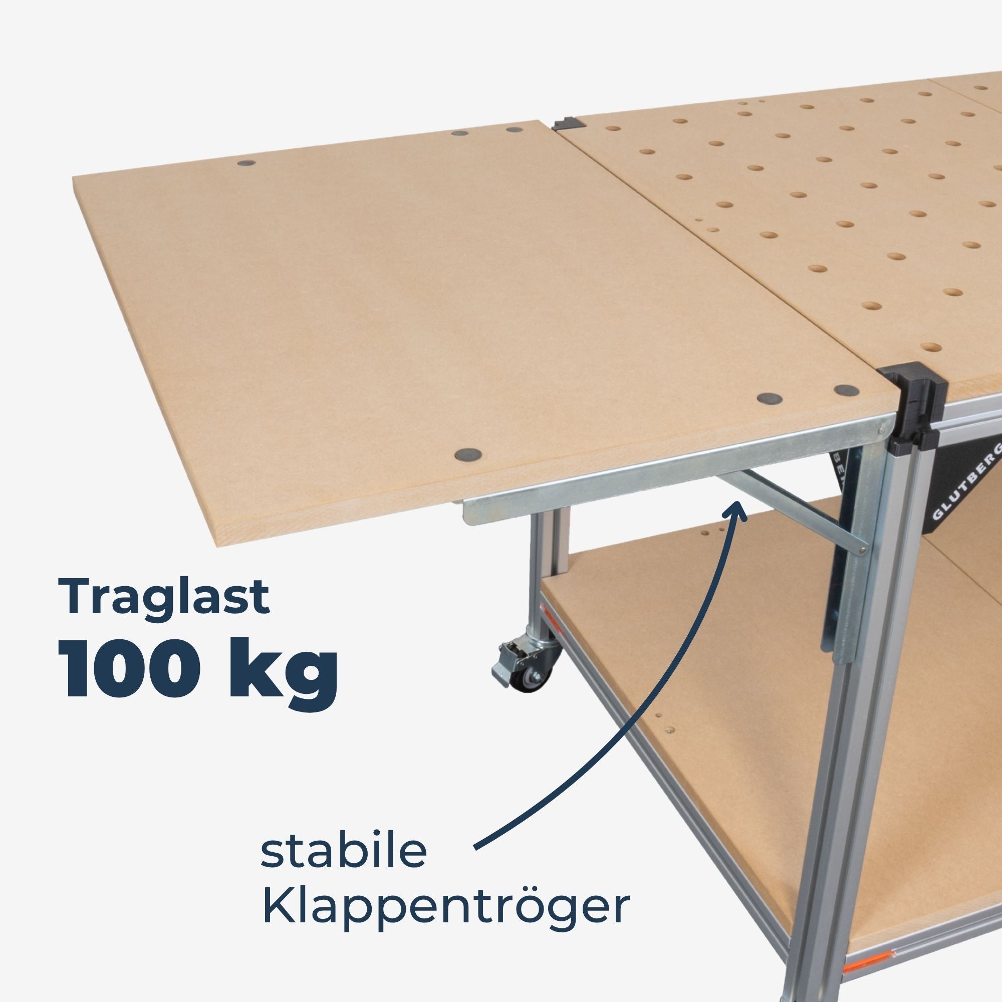 GLUTBERG TOOLS Klapptisch für die Workstation Pro – ausgeklappte Ablagefläche 450 × 600 mm, bis 100 kg Traglast, Made in Germany