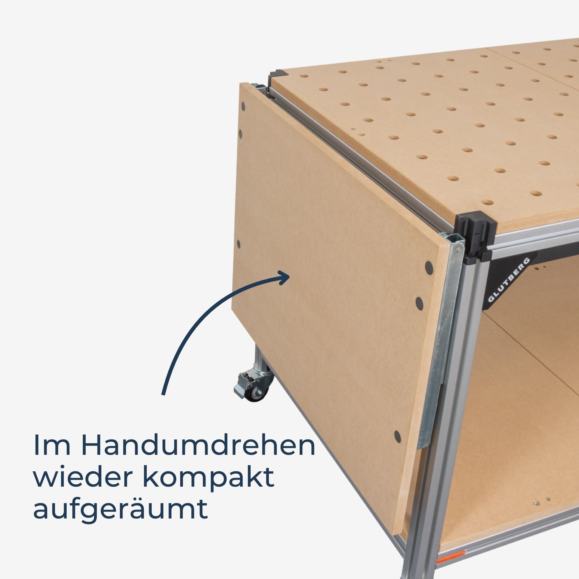 GLUTBERG TOOLS Klapptisch für die Workstation Pro – platzsparend zusammengeklappt, Einhandbedienung am Aluminium-Profil
