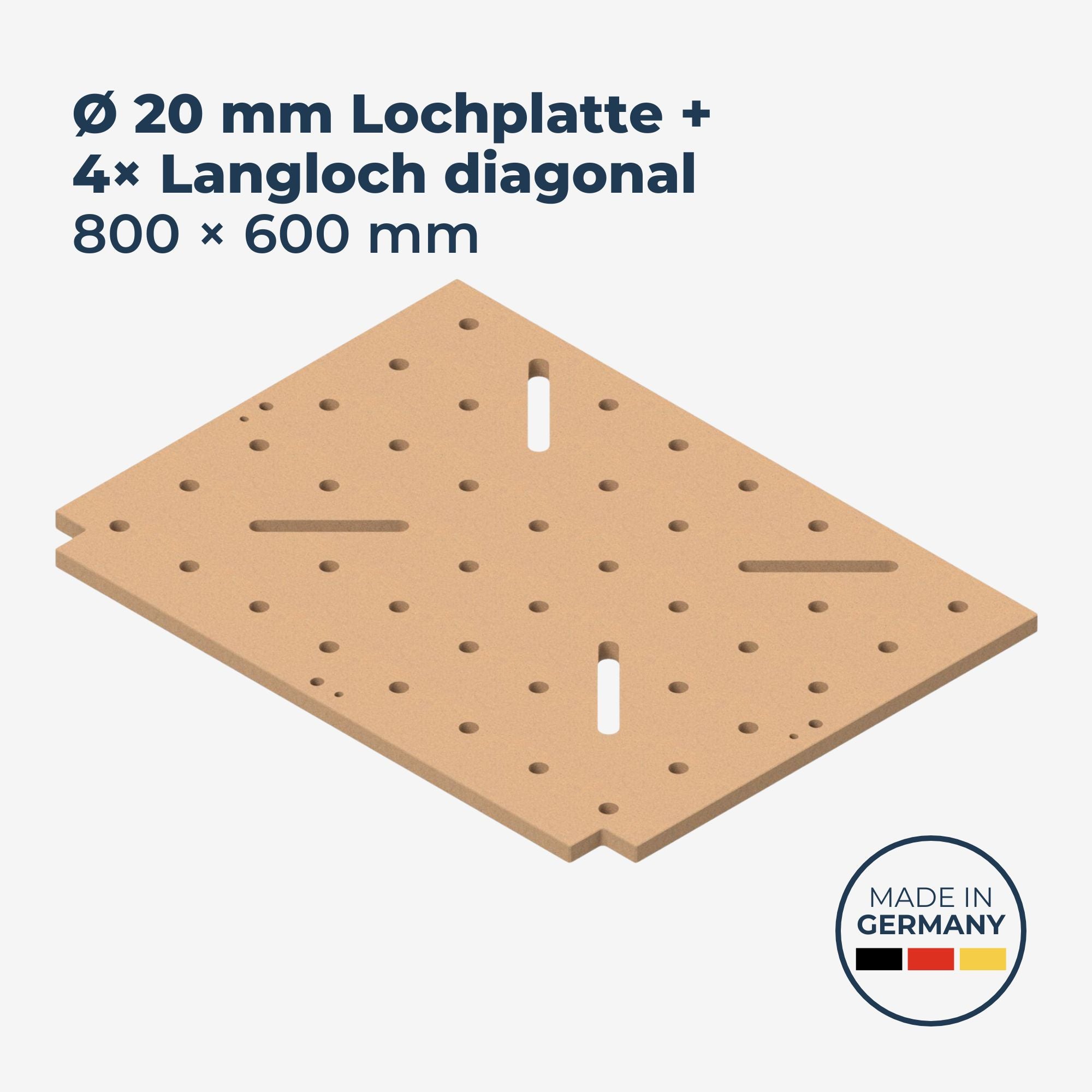 GLUTBERG TOOLS MDF Lochplatte mit Ø 20 mm CNC-Löchern und 4 Langlöchern, Format 800 × 600 mm, Made in Germany