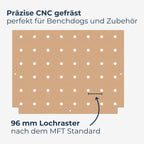MDF Lochplatte von GLUTBERG TOOLS – präzise CNC-gefräste 20-mm-Löcher im 96-mm-Raster nach MFT-Standard, perfekt für Benchdogs und Zubehör