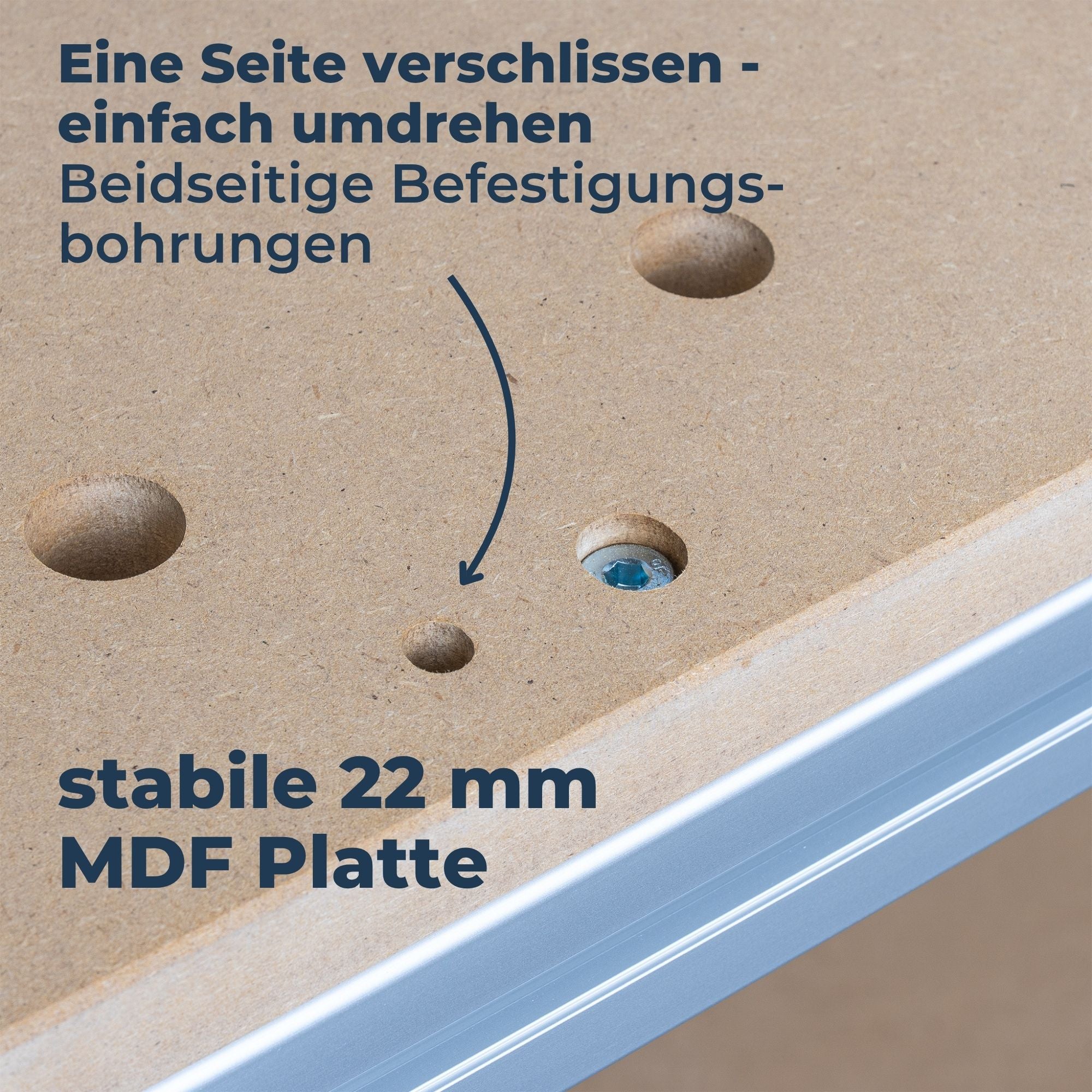 MDF massive Platte / Vollplatte von GLUTBERG TOOLS – beidseitige Befestigungsbohrungen in der stabilen 22 mm MDF-Platte, einfaches Wenden bei Verschleiß für doppelte Lebensdauer