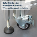 Workstation Pro Komplett-Set von GLUTBERG TOOLS – Bodenelemente im Detail: Gelenkfüße oder Rollen mit kräftiger Feststellbremse, Wechsel jederzeit möglich
