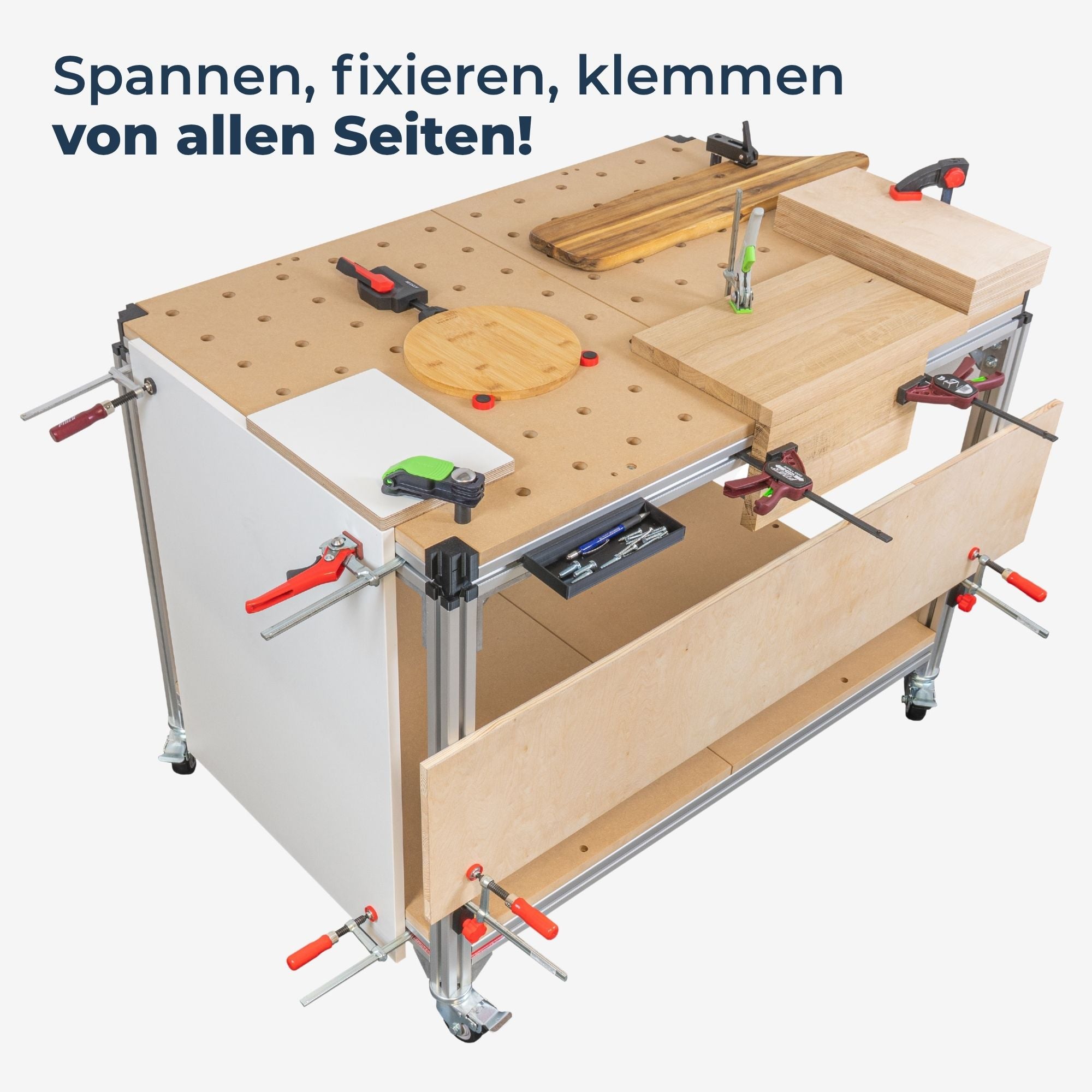 Workstation Pro Komplett-Set von GLUTBERG TOOLS – Spannen, fixieren und klemmen von allen Seiten dank Aluminium-Profilnuten und 20-mm-Lochplatte