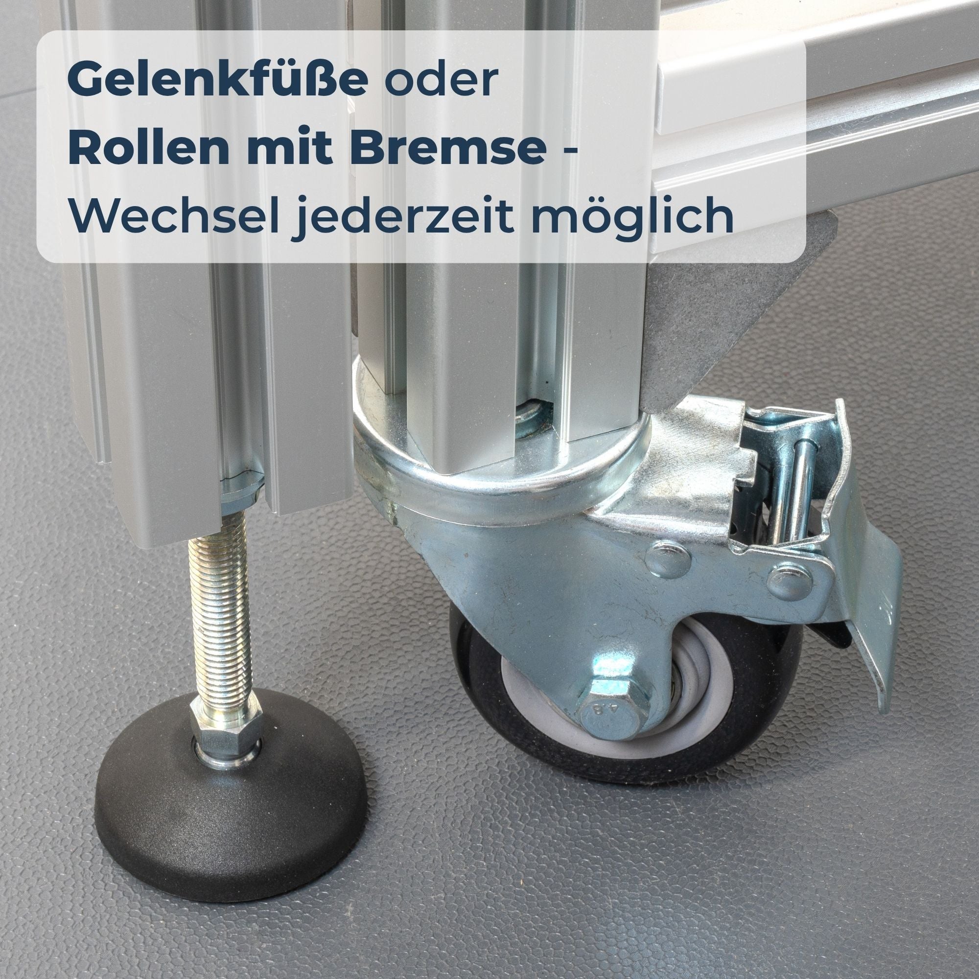 Workstation Pro Werkbank-Gestell von GLUTBERG TOOLS – Bodenelemente im Detail: Gelenkfüße oder Rollen mit kräftiger Feststellbremse, Wechsel jederzeit möglich