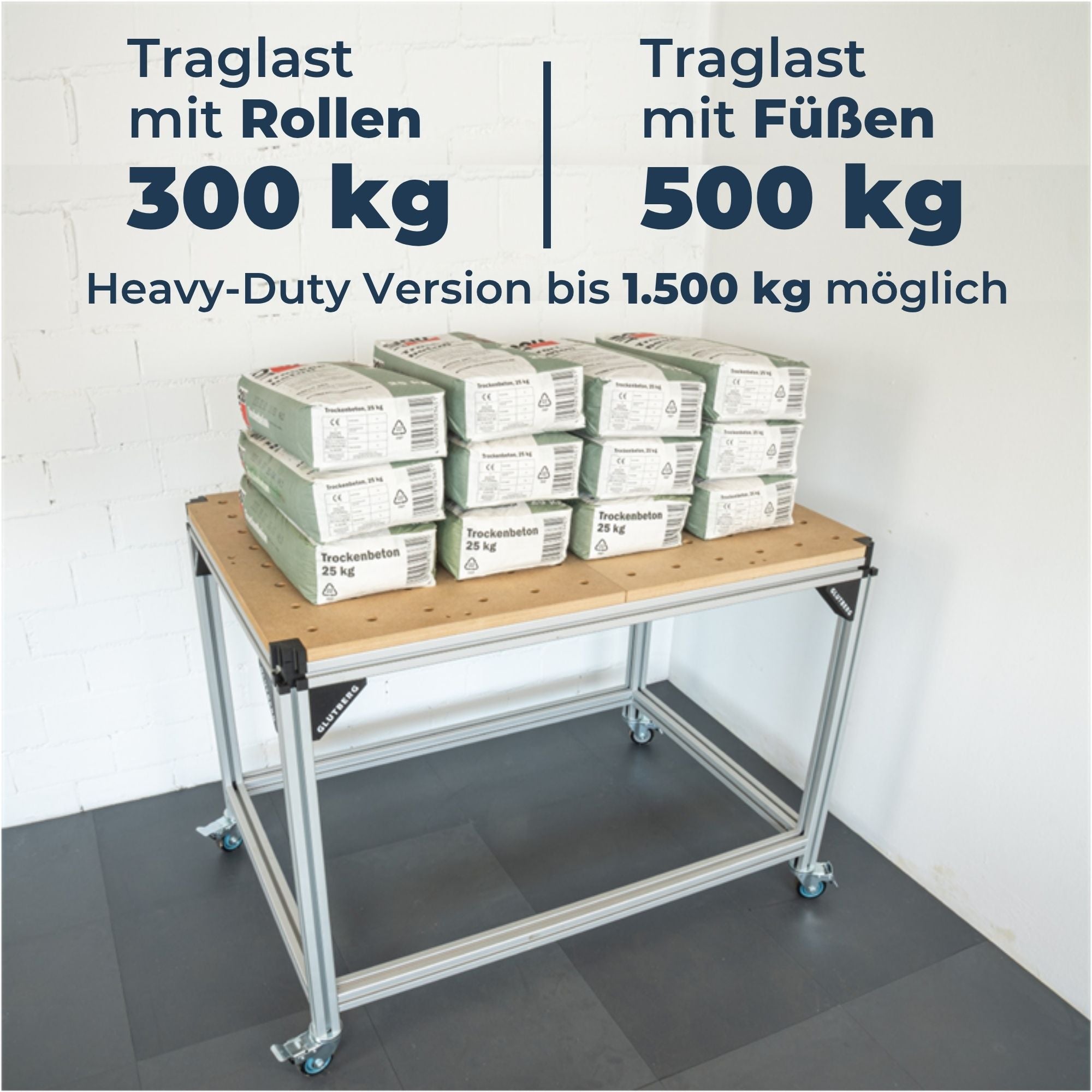 Workstation Pro Werkbank-Gestell von GLUTBERG TOOLS – Traglast 300 kg mit Rollen, 500 kg mit Füßen, Heavy-Duty-Version bis 1.500 kg möglich